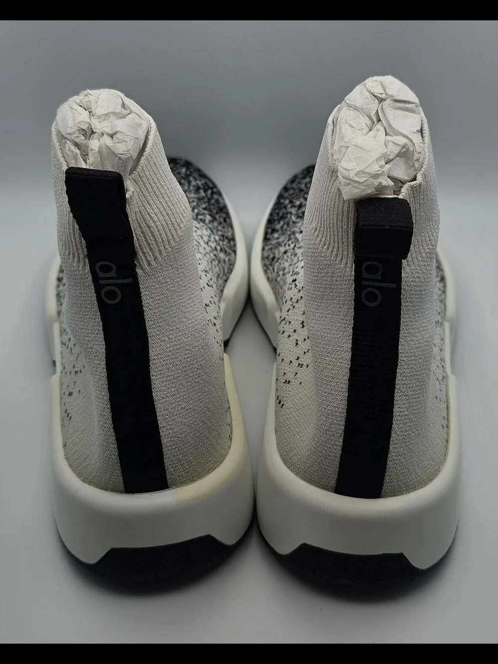 ALO Yoga Women's Sock-Style Sneakers in White and Black Speckle